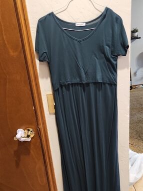 Green Blue Nursing Dress Short-Sleeve V-Neck Maxi